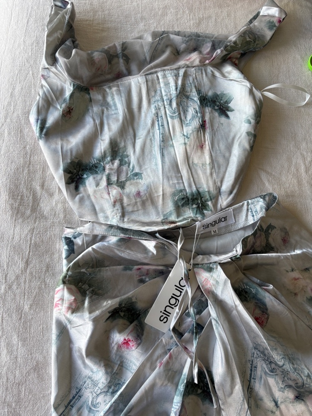 Floral Satin Midi Dress in Pale Blue